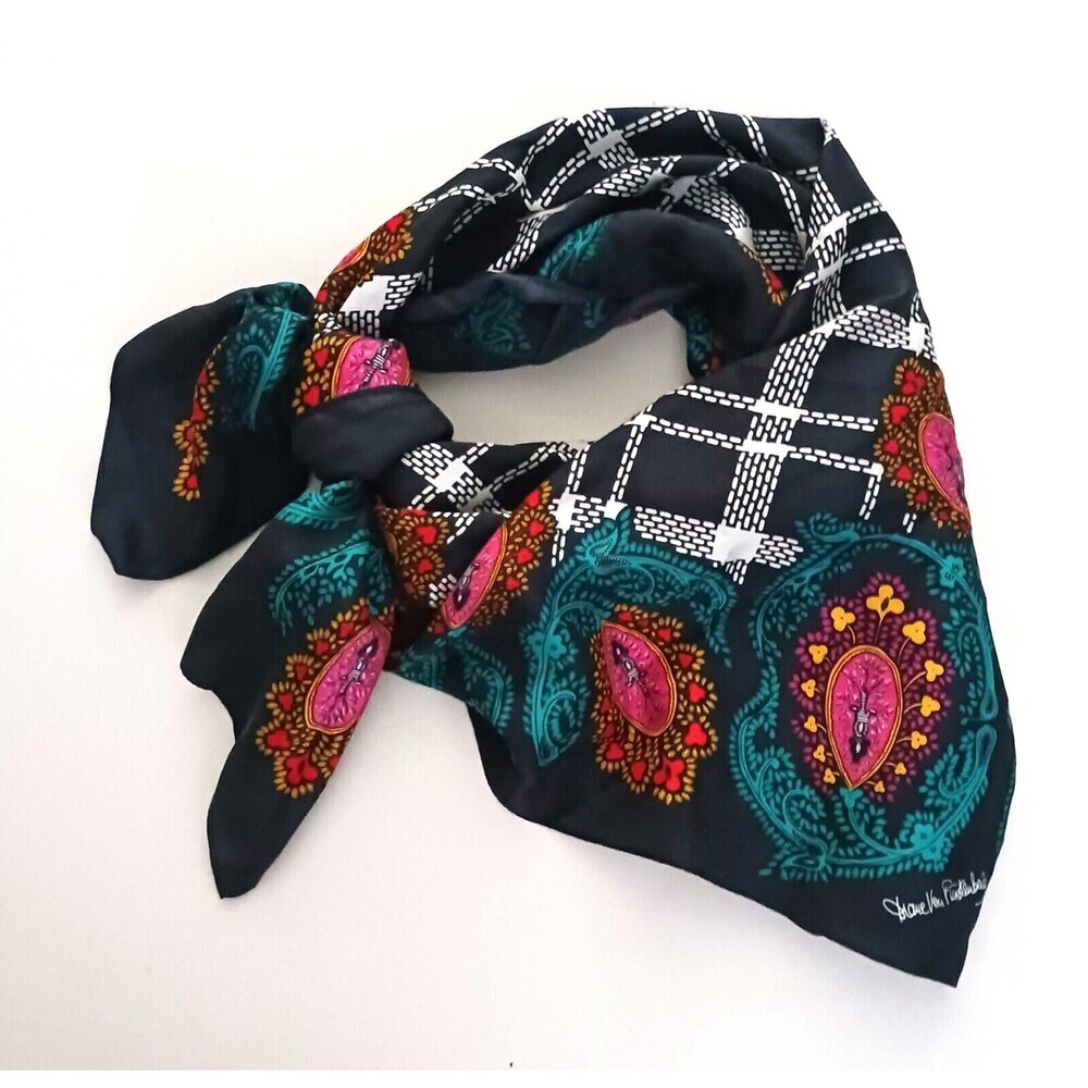 Diane Von Furstenberg Black Plaid Silk Scarf with Pink and Teal Paisley - Picture 1 of 6